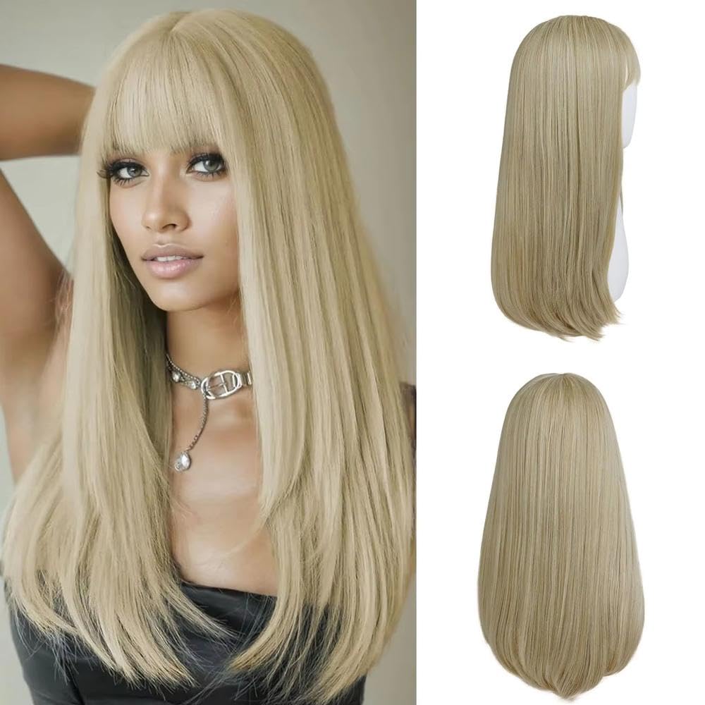 Haarpflege 26 Zoll Lange Glatte Weiße Haarperücke Mit Pony Für Frauen Cosplay(Blonde)