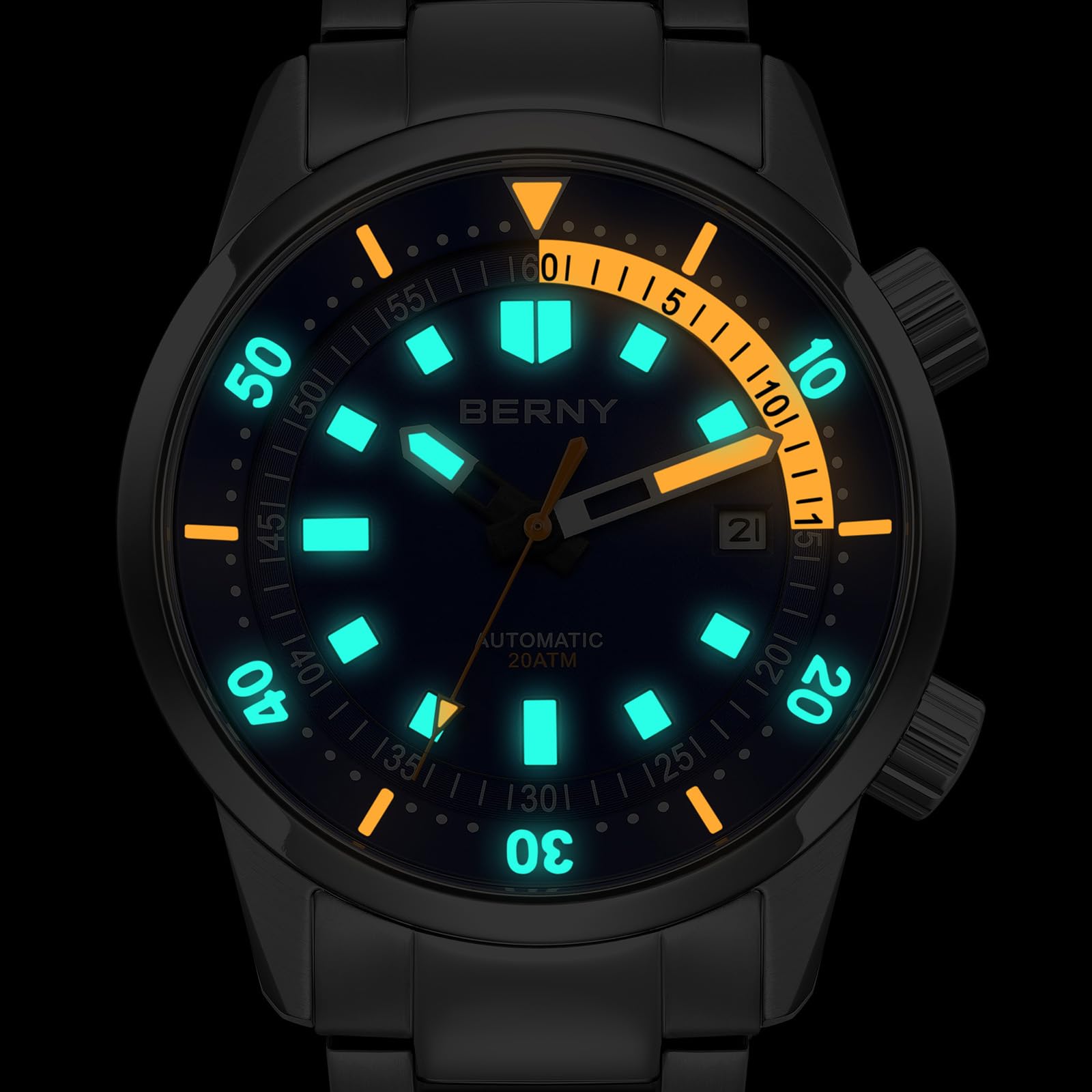 BERNY Reloj Automático para Hombres Sumergible 20 ATM Mecánico con Vidrio de Zafiro, Cómoda Correa de Acero Inoxidable y Súper Luminoso