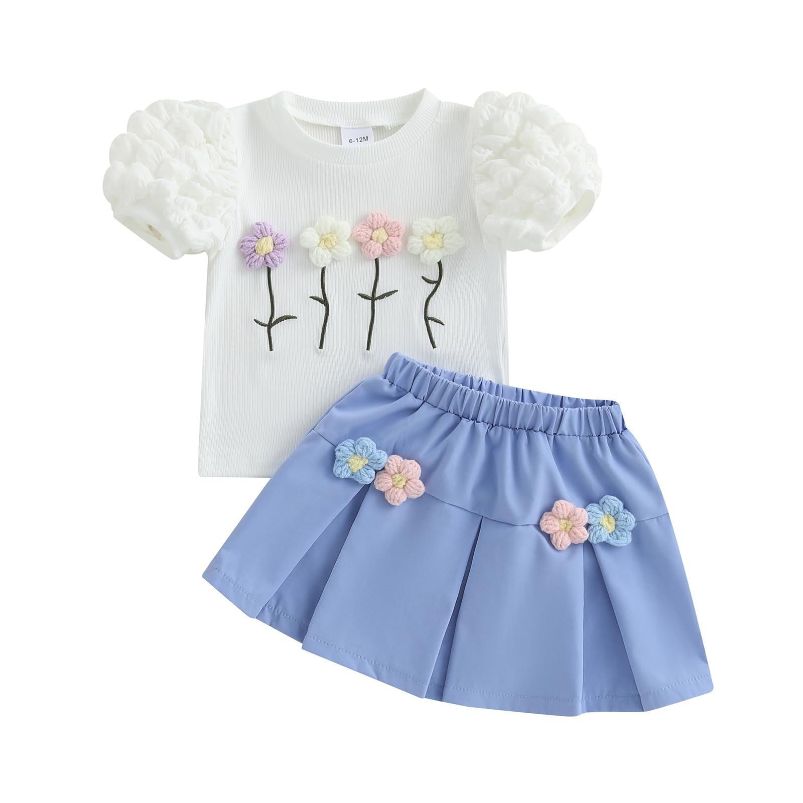 KMBANGI Kids Toddler Baby Girl Skirt Set Puff Short Sleeve Floral Shirts Top A-Line Pleated Skirt 2Pcs Toddler Summer Dresses (Blue, 12-18 Months)