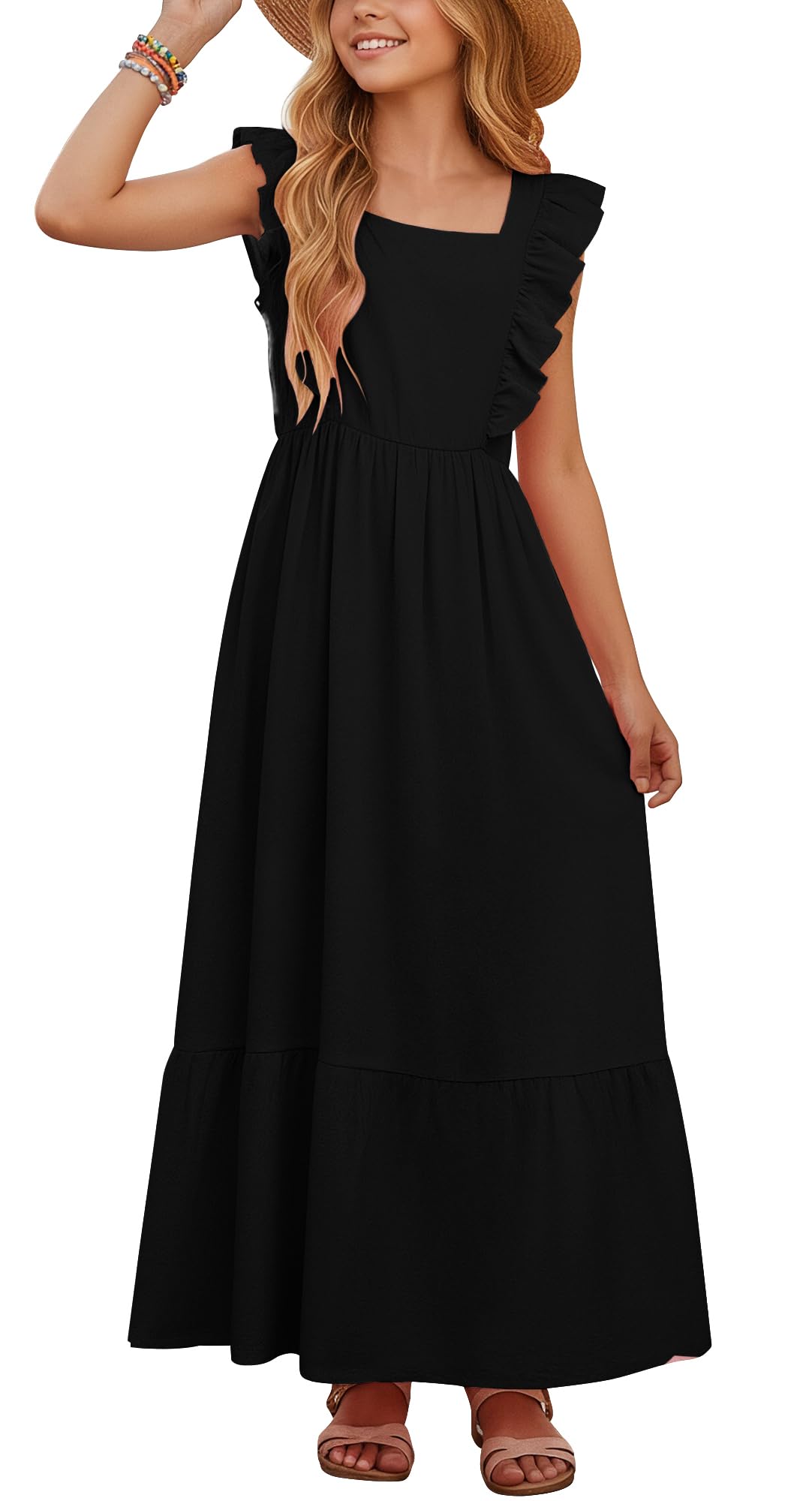 SEAUR Robe d'été pour fille avec grand nœud dans le dos, manches volantées, col carré, robe d'été fluide pour enfants et adolescents de 5 à 15 ans