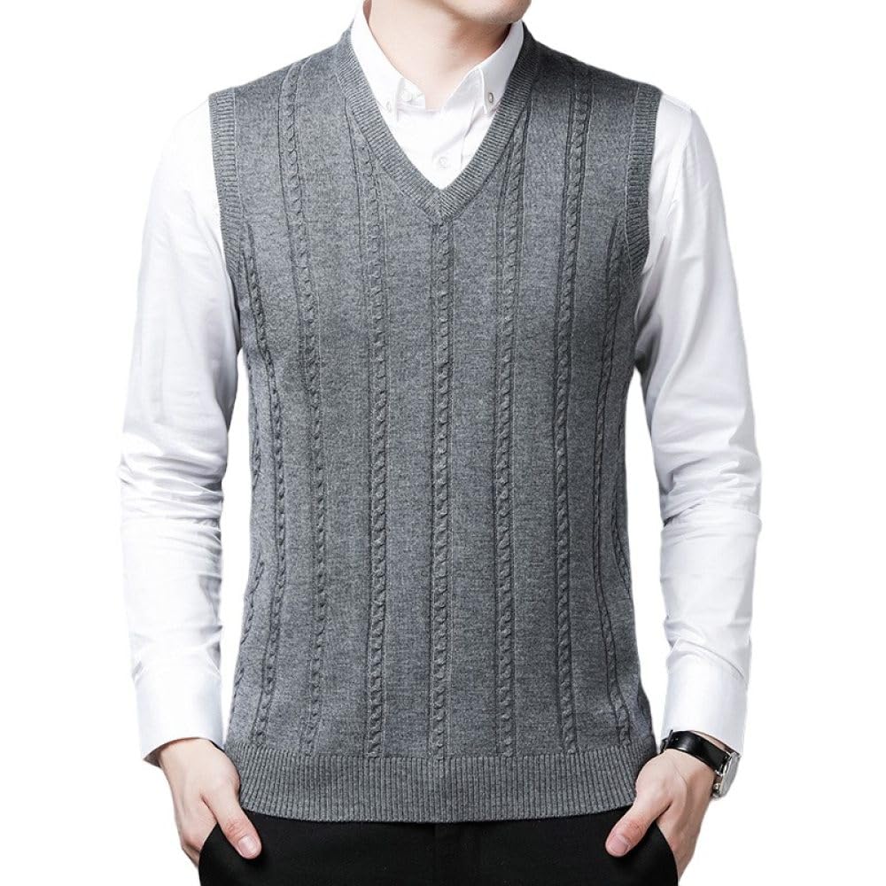 Strickweste Herren Ärmellos,Herren-Strickpullover Aus Wolle Vintage-Stil Zopfmuster Slipover V-Ausschnitt Ärmellos Business-Twist-Strickpullover Gilet Weste Weicher Warmer Pullover Gestrickte Tank