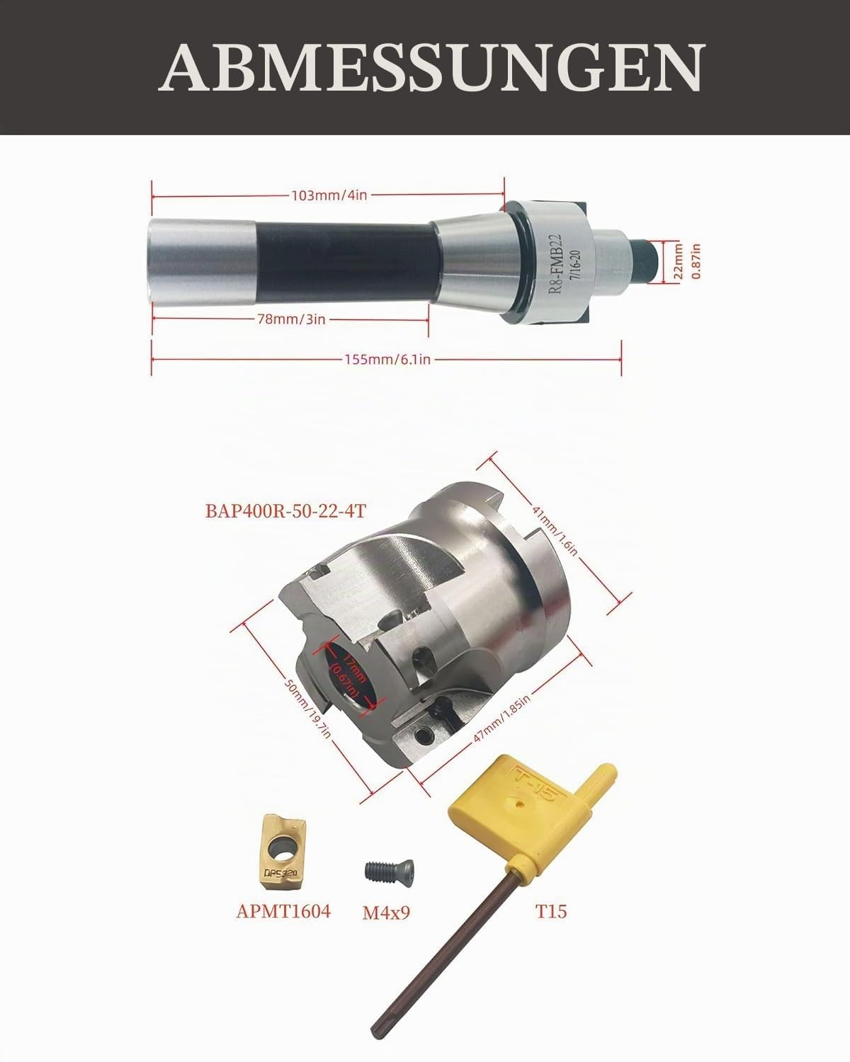 50mm R8-FMB22 Halterverlängerung Stirnfräser mit 400R-50-22 Planfräse 10 Stück APMT1604PDER-DP Hartmetall-Wendeschneidplatten + T15 Schlüssel für CNC-Maschinen, Metallbearbeitung