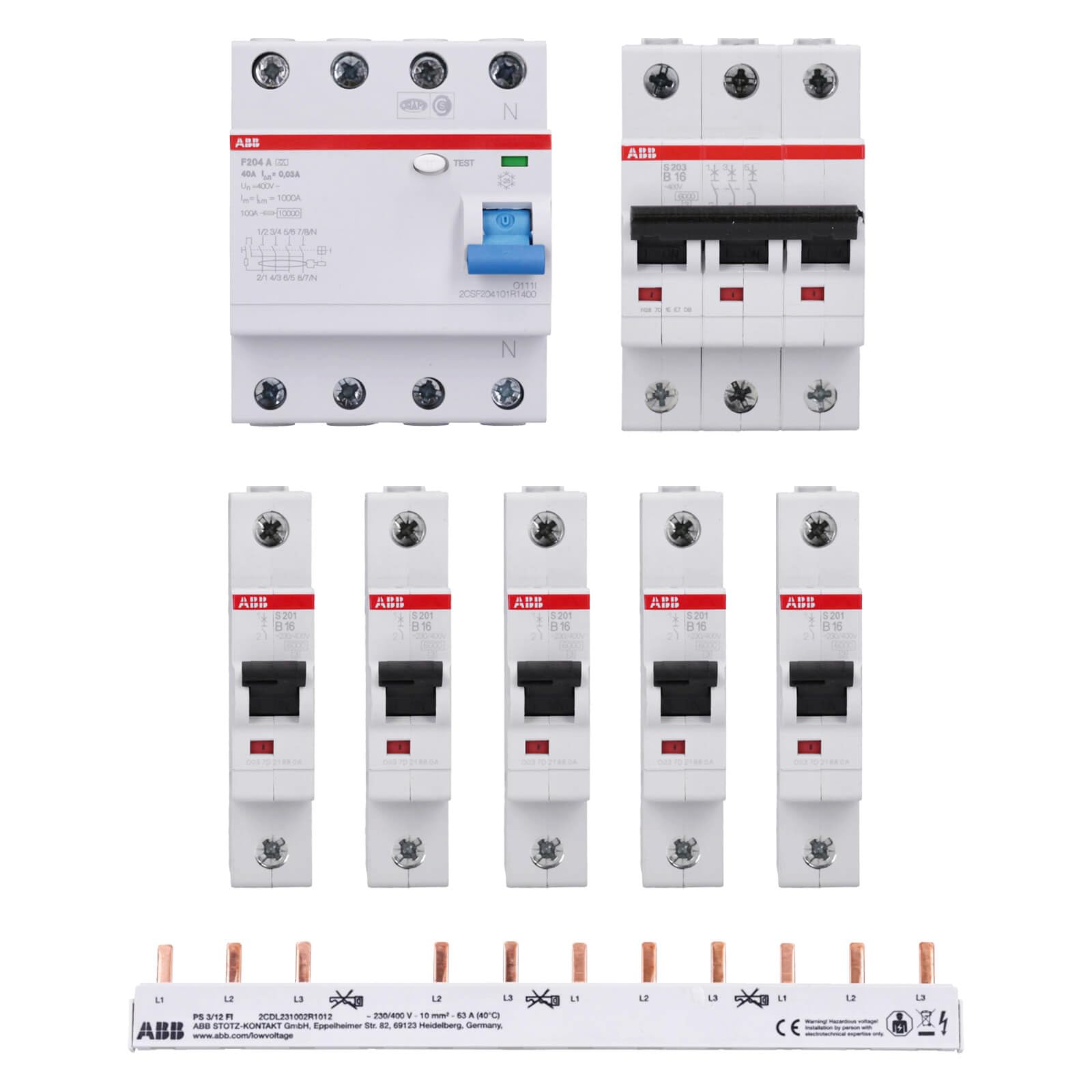 ABB Set 1x F204A-40/0,03 FI-Schutzschalter RCD + 1x S203-B16 Sicherungsautomat + 5x 201-B16 Sicherungsautomat + 1x PS3/12FI Sammelschiene