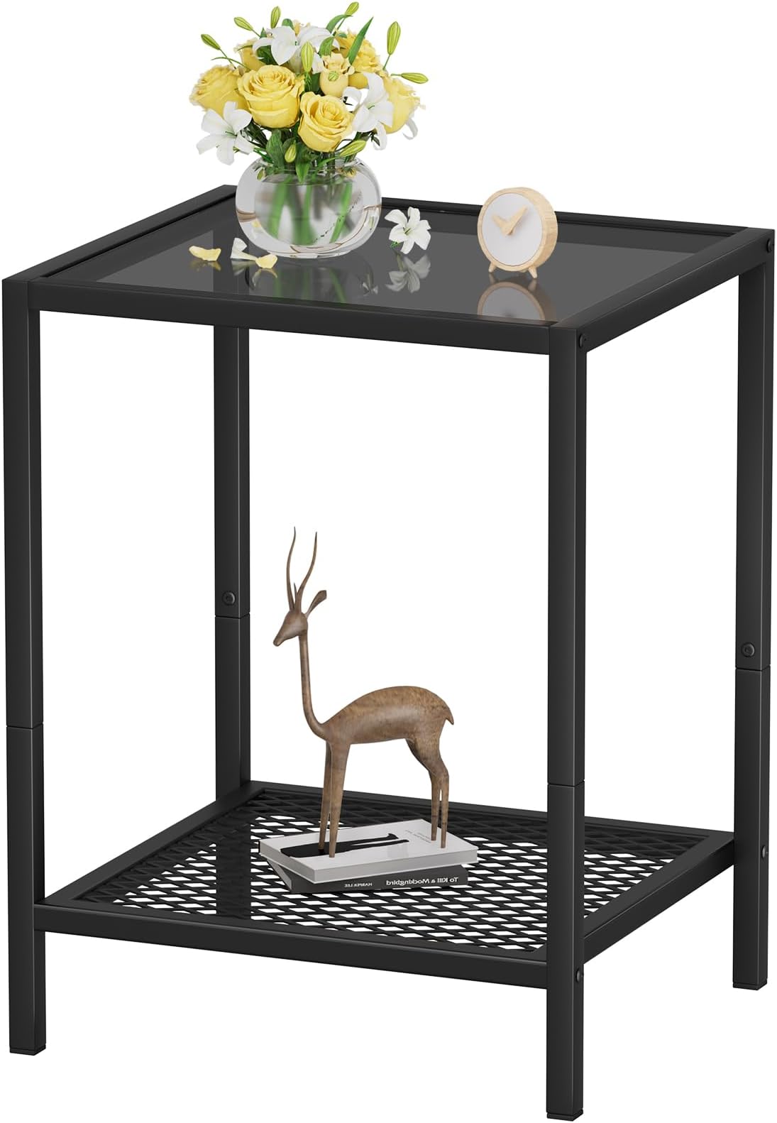 SAYGOER Black Side Table Small Glass End Table 2-Tier Narrow Square Bed Side Tables, 13.4"x11.8"x19.7", Sofa Small Leisure Table with Black Metal Frame for Modern Living Room Bedroom, BK Glass