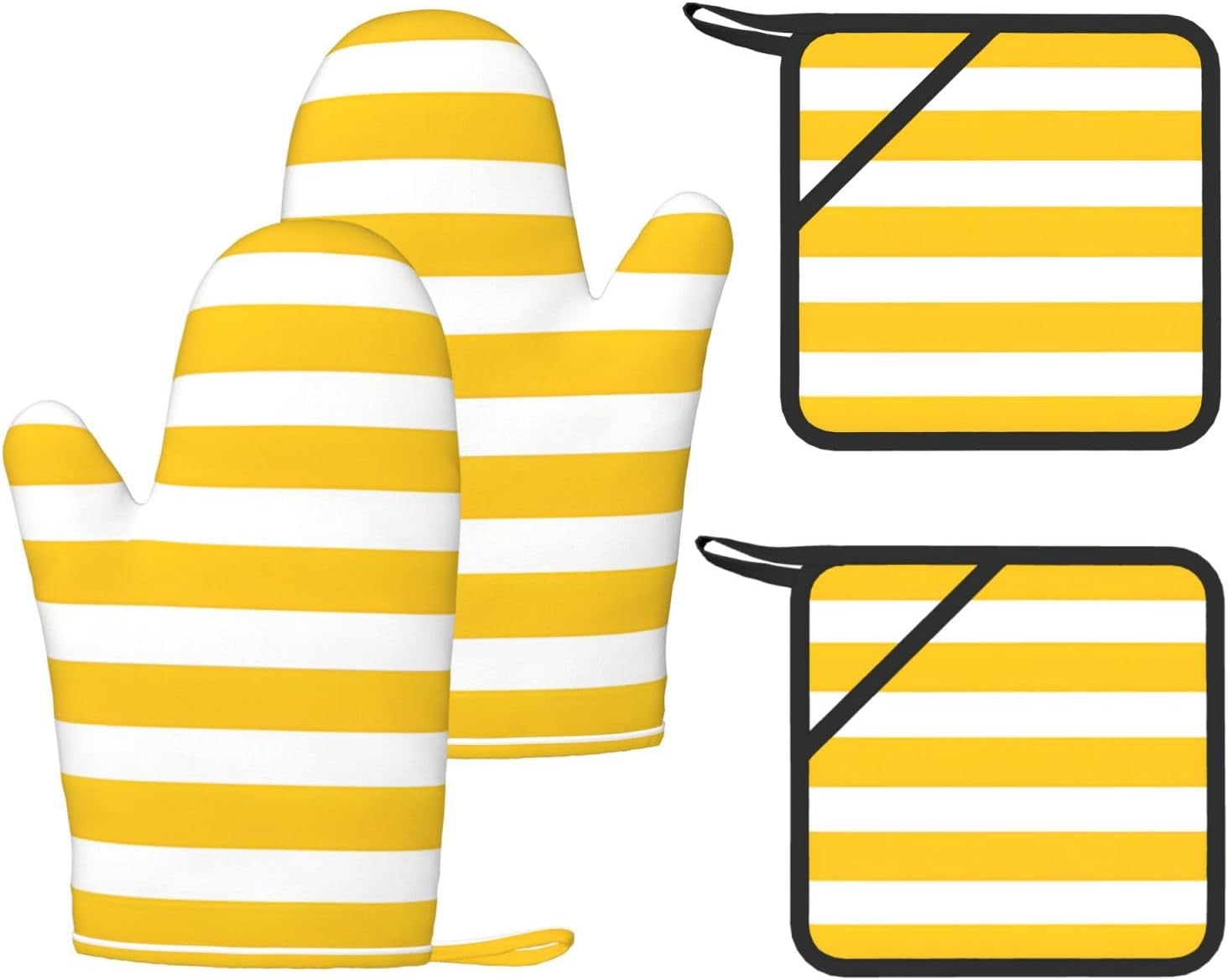 Lemon Zest Yellow Stripes Pattern 4pcs Oven Mitts and Pot Holders Sets for Kitchen, Silicone Oven Gloves Non-Slip Potholders Hot Pads for Baking Cooking