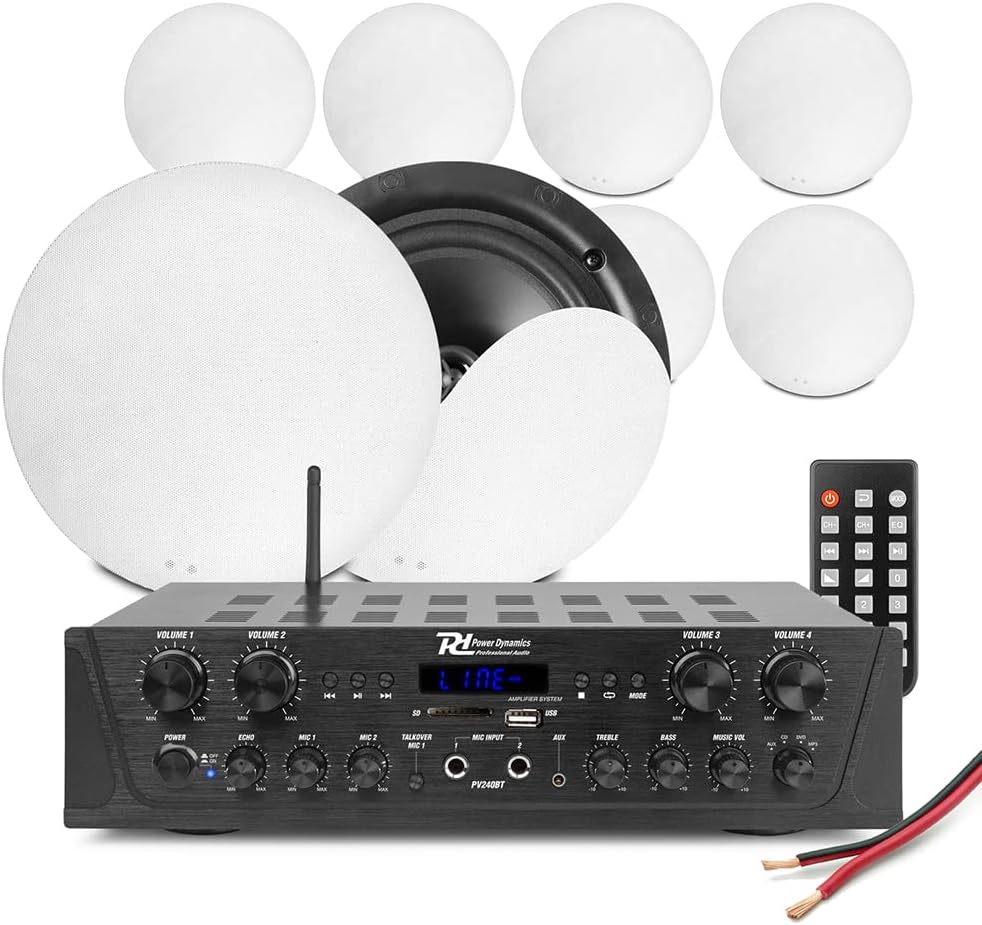 Power Dynamics 4-Zone Multi Room Ceiling Speaker System PV240BT Bluetooth Amplifier with 8x NCSS5 Speakers – Wireless Home Audio Stereo System & Speaker Kit for Installation
