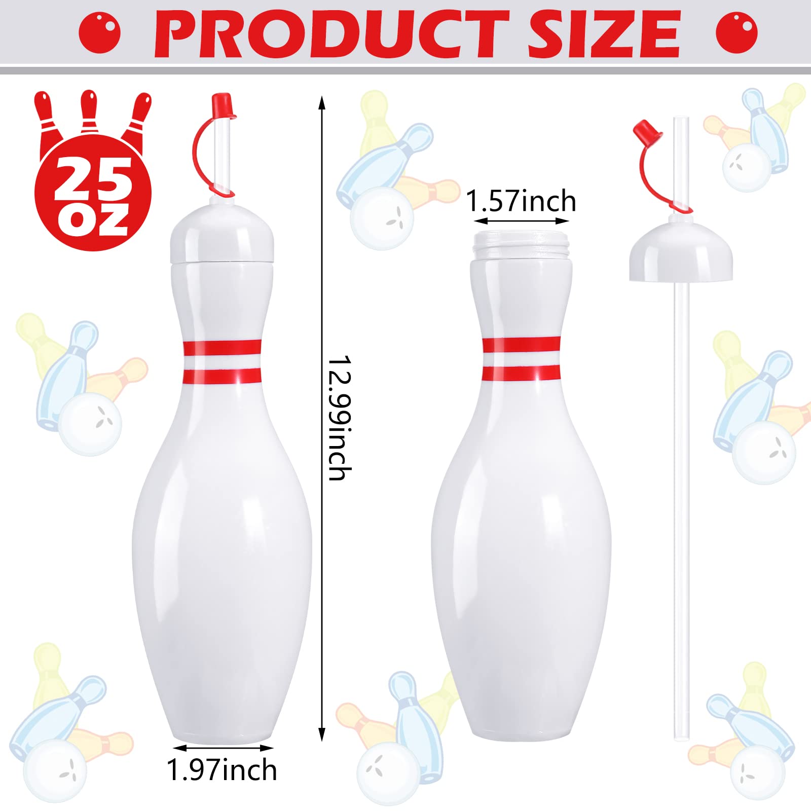 Funtery 12 Set Bowling Lovers Gifts for Men Women 25 oz Reusable Bowling Pin Plastic Water Bottles with Straws and Lids Sports Fans Party Favors
