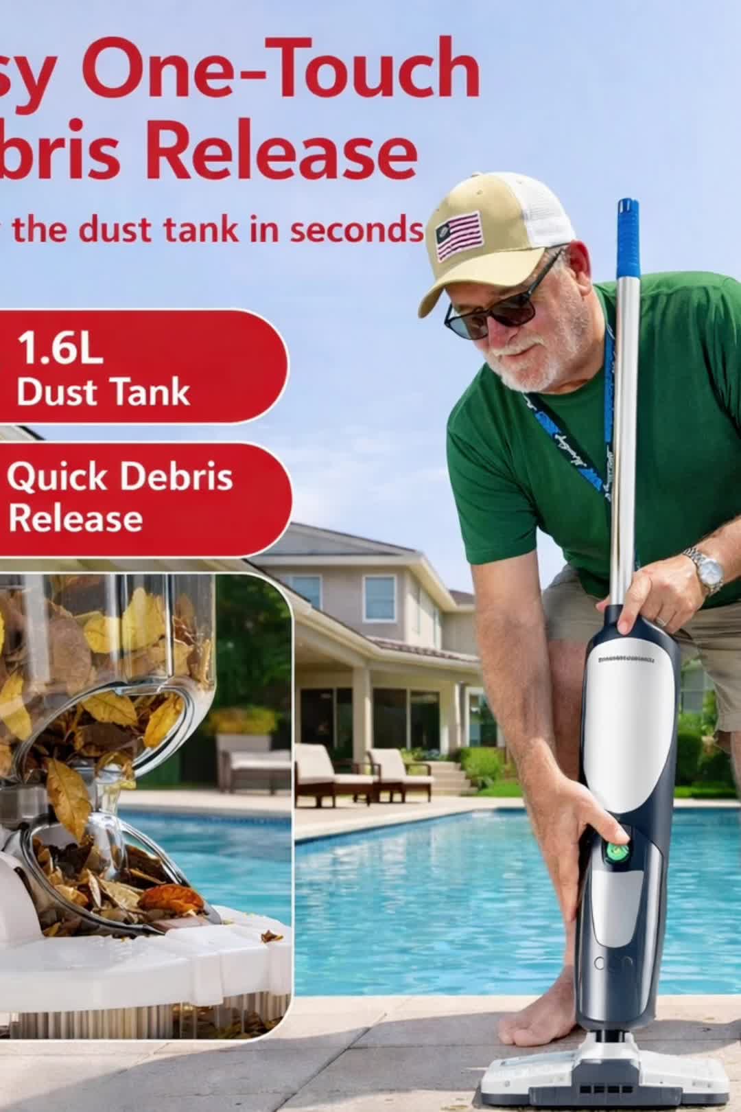 Man emptying debris from POOLHACKER Handheld Pool Vacuum Cleaner