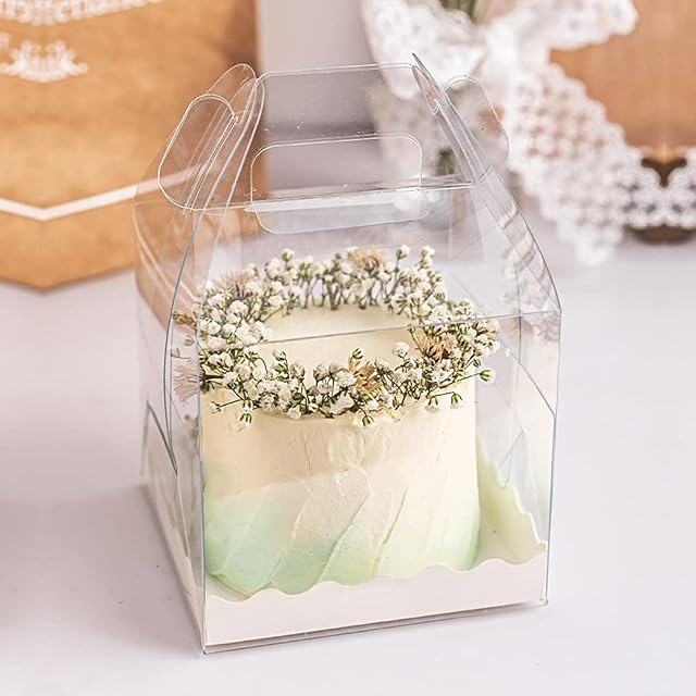 CAEEKER Transparent Cake Boxes, 10 PCS Clear Cake Box Gift Box Square Plastic Baking Box Cupcake Containers Display Box Bakery Packaging Box Carriers Cake Holder Fits 4 Inch Fairy Cakes Dessert Candy