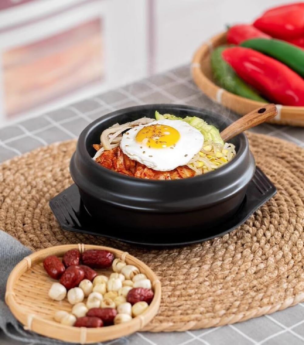 Cuenco De Piedra Coreano para Cocinar Bibimbap, Apta para Altas Temperaturas con Bandeja, Cerámica Bowl Olla De Piedra Antiadherente, para Bibimbap Sopa, Negro,800ML