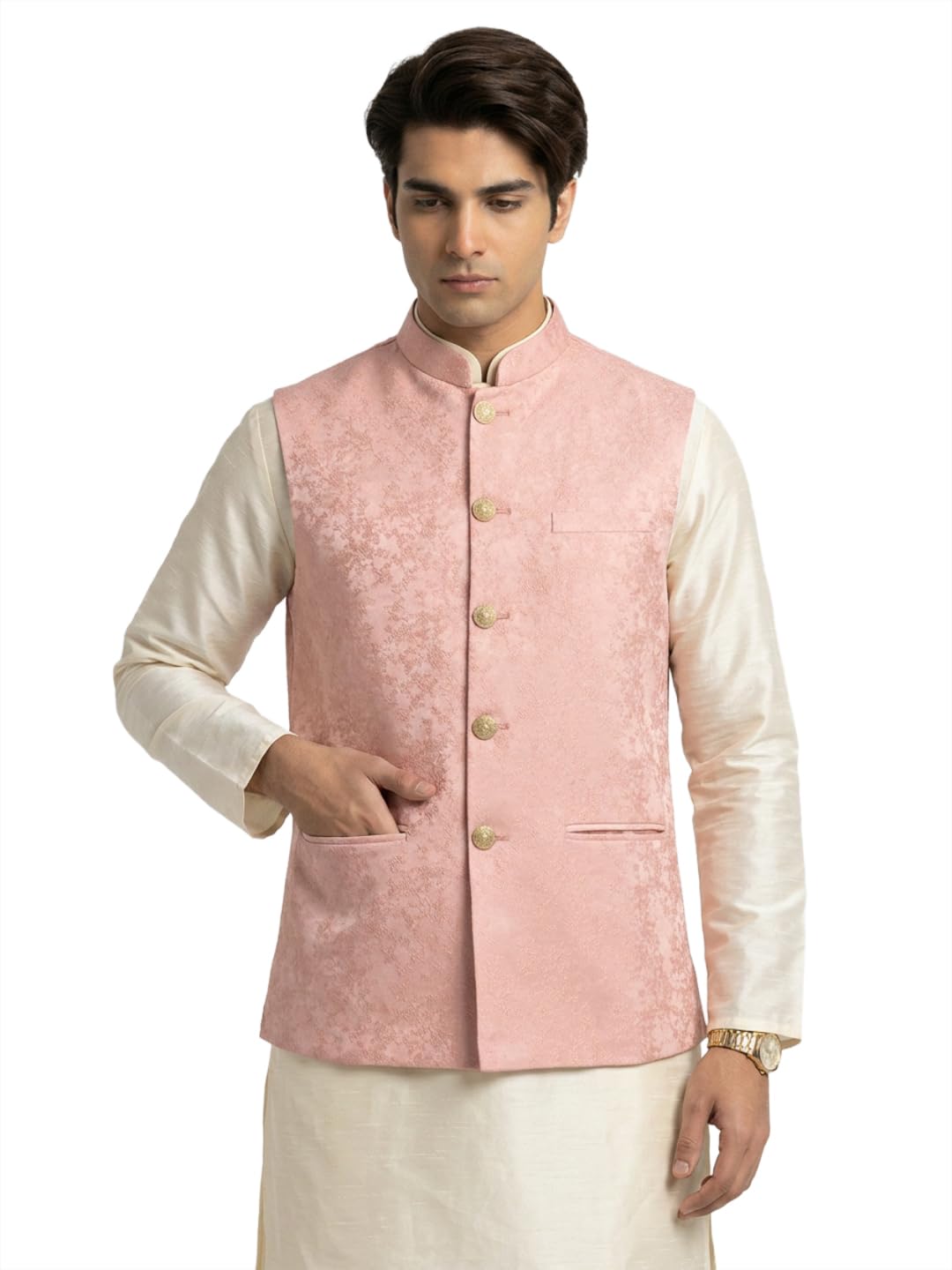 Men Regular Fit Jacquard Pattern Pure Polyester Mandarin Collar Sleeveless Festive Bundi-picture-37