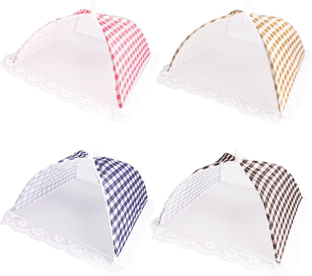 4 Pack Food Covers, 13 Inch Plaid Mesh Pop Up Food Cover Reusable and Collapsible Food Net Cover for Outdoors, Parties, Picnics, BBQs Keeping Out Flies and Bugs (4 Colors)