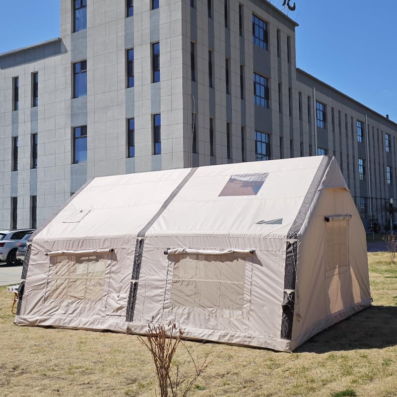 Tienda de campaña inflable, diseño de lujo impermeable para 6 personas, 2 habitaciones, postes de fibra de vidrio independientes, tela de algodón, 3 estaciones, ideal para acampar familiar y aventuras