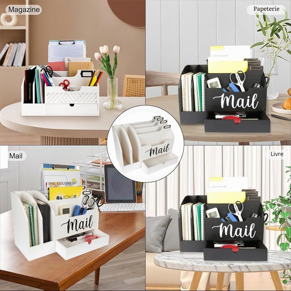 Organisateur de courrier en bois avec 6 compartiments et un tiroir, Tiroir de bureau en bois pour dossier Lettre Dossier, Boîte de rangement pour le courrier, Noir