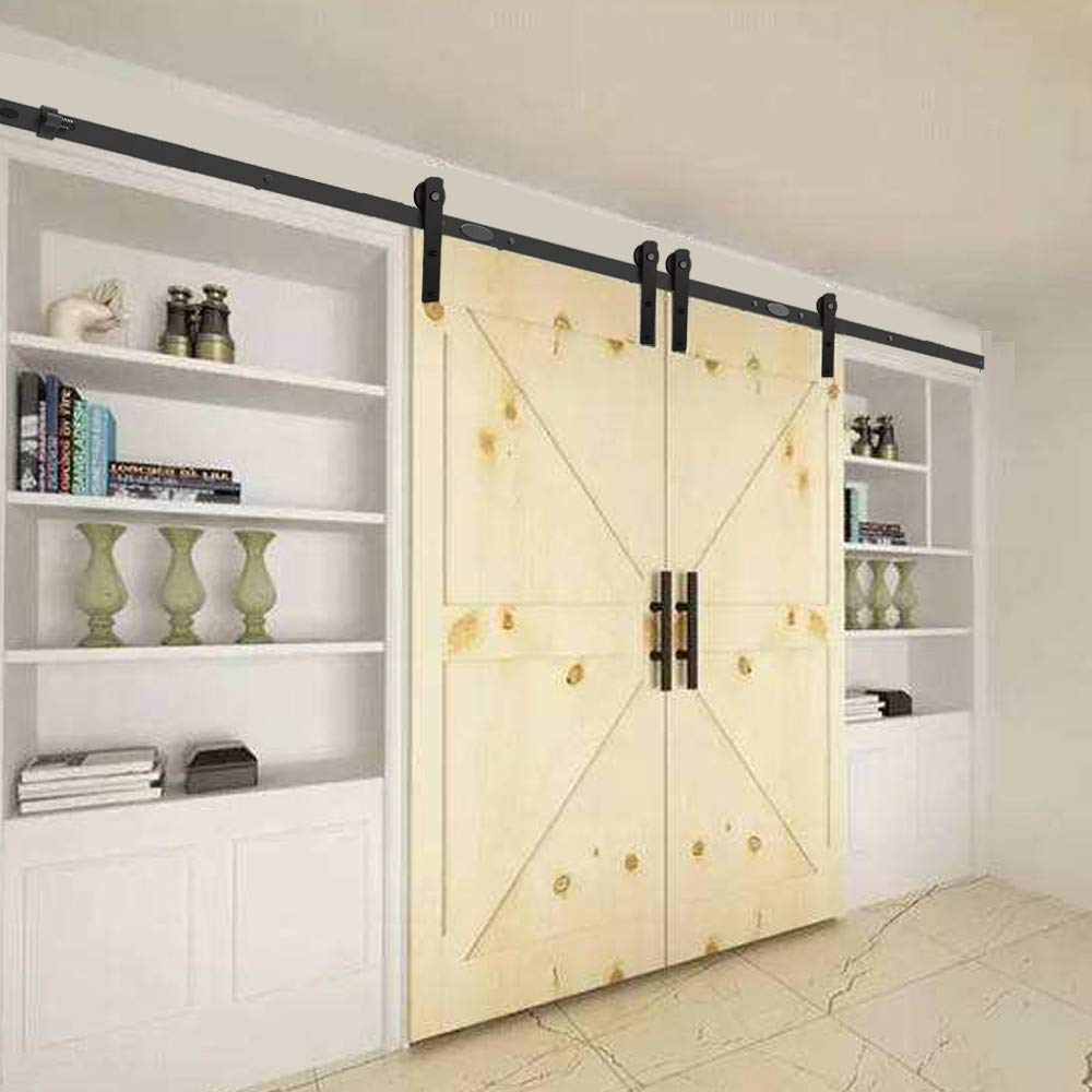 Czarny zestaw szyn do drzwi przesuwnych do stodoły – 292 cm wytrzymały system do podwójnych drzwi łatwa instalacja stal nowoczesna rustykalna dekoracja domu