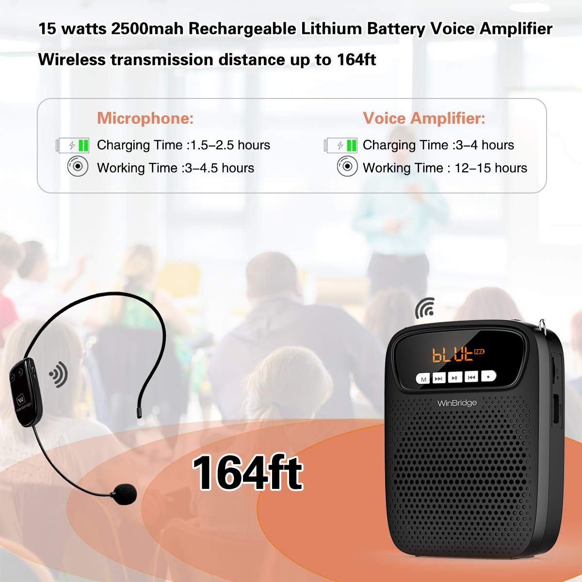 15W Voice Amplifier with Wireless/Wired Microphones for Teacher