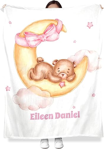 Miniatura 2 de Manta de bebé personalizada  Manta personalizada de oso de peluche suave con lazo rosa luna  Baby Shower bebé niño, manta para cama de bebé,