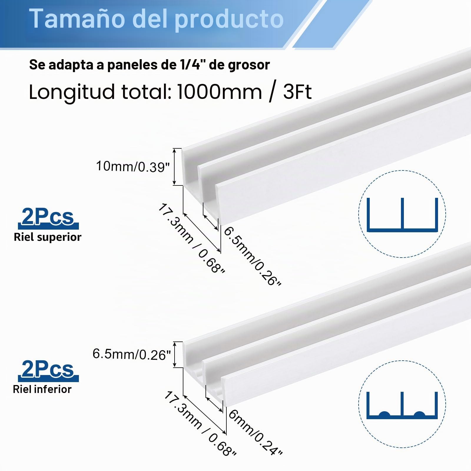 sourcing map Juego de rieles de plástico blanco para puerta corrediza y ventana de vidrio, riel para paneles de 1/4 pulgada, para armarios y puertas de vidrio
