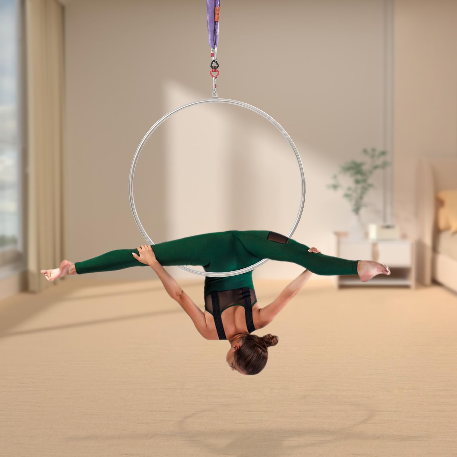 Aerial Hoop - Anello da circo per acrobazie, yoga, ginnastica, montaggio a soffitto, cinghia rotonda, 1 m, capacità di carico 10 kN, connettore girevole 30 kN con 3 moschettoni di sicurezza per