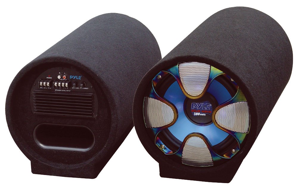 Pyle subwoofer Tubular, Coche, 8”, 250V, Caja acustica para Auto, LED, RCA, 4 Ohm, Frecuencia de 35Hz-800Hz