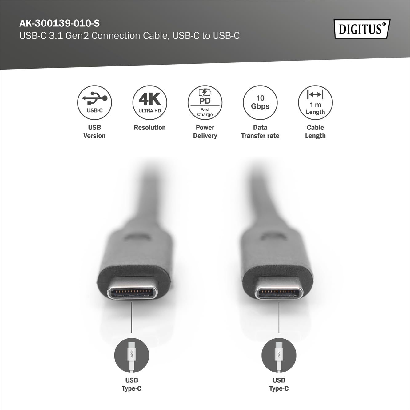 DIGITUS Cable USB-C – 1 m – USB 3.2 Gen2 – 10 Gbit/s – Tipo C a Tipo C | Power Delivery de 100 W – para smartphones, portátiles y tabletas – Negro