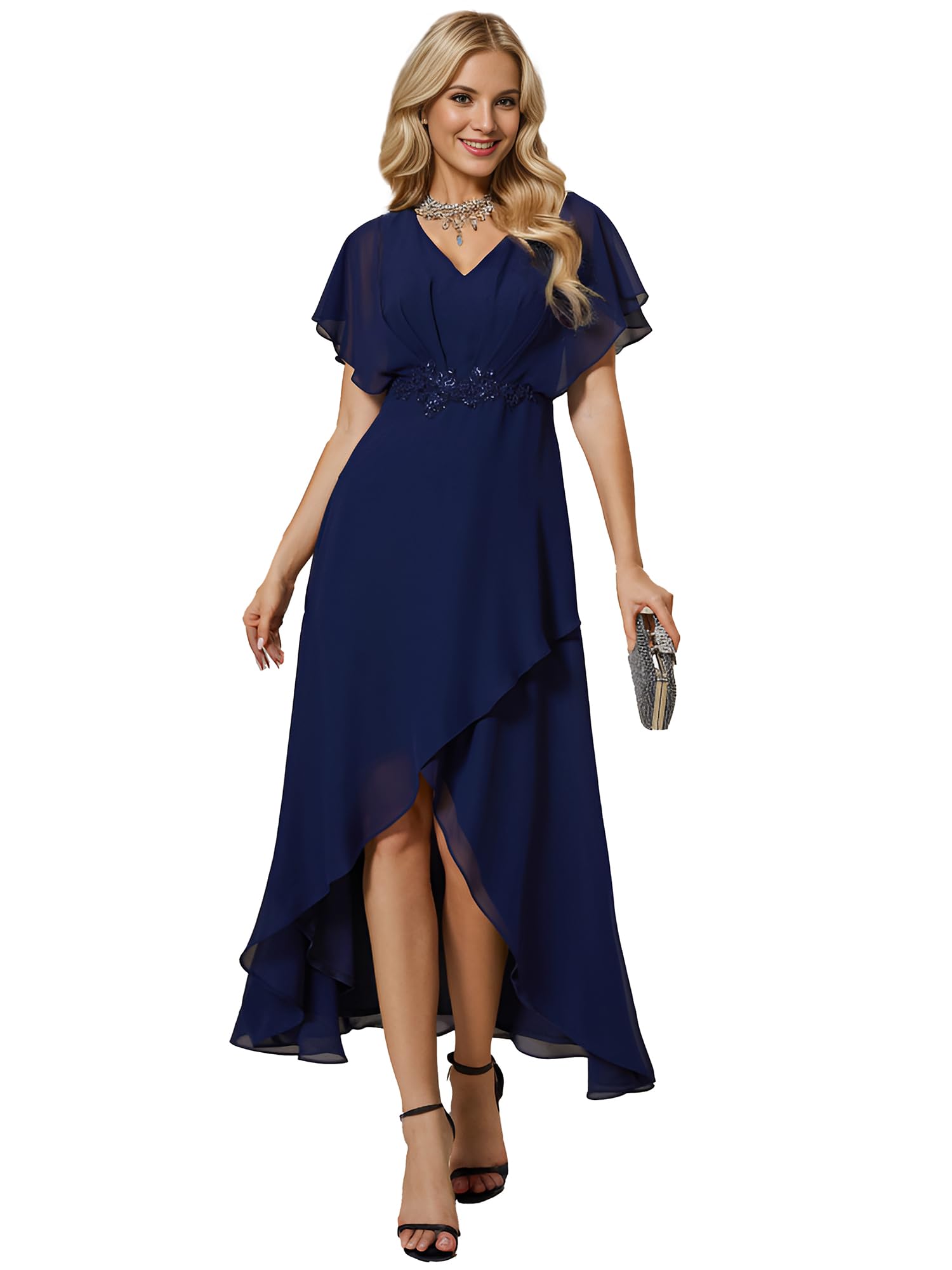Ever-Pretty Robe pour Mariage Invité Longue Femme Asymétrique Col V Plissé Manches Volantées Mousseline Robe de Soirée Chic EE02027