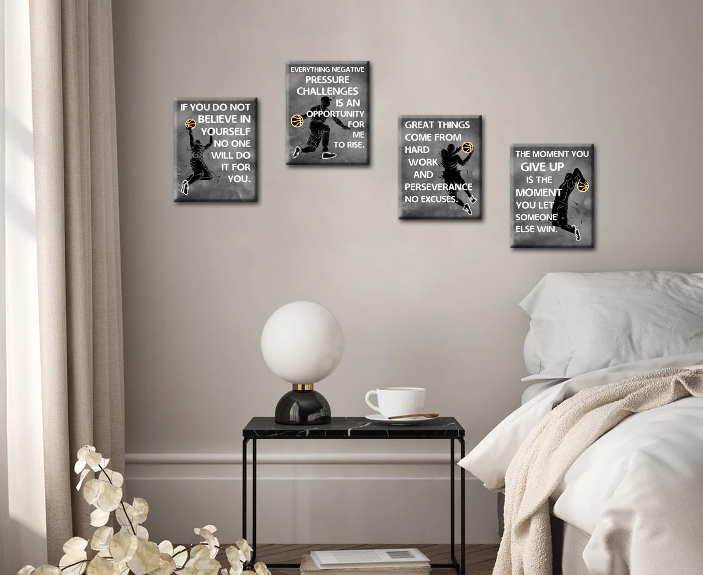 Stampe artistiche da parete motivazionali con frasi motivazionali e motivazionali sul basket, decorazione da parete astratta da parete, su tela, per camera da letto, palestra, uomini, set regalo da 4
