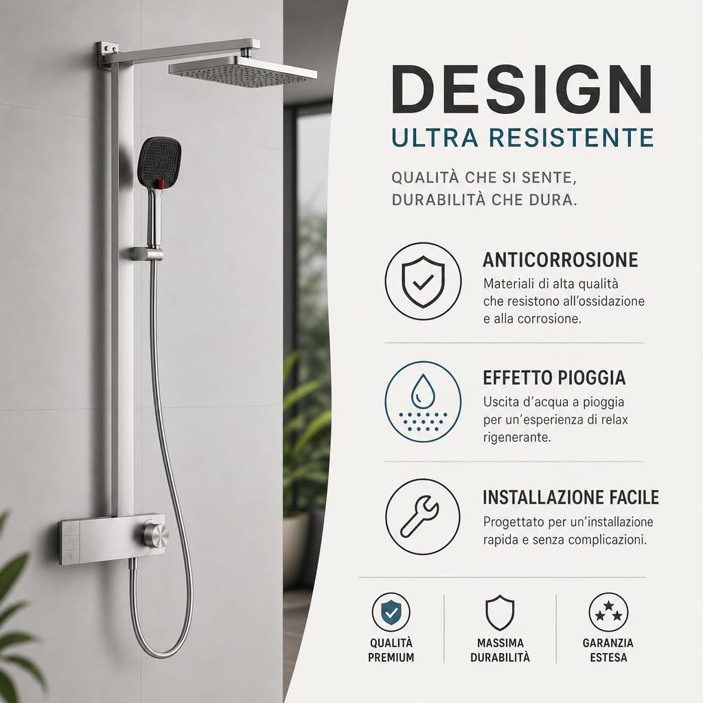 INEX EUROPA Colonna Doccia Nero Grigio Titanio Premium Acciaio Inossidabile 10 Anni di Garanzia - Colonna Doccia Quadrata Effetto Pioggia 3 Modalità di Funzionamento - Doccia 137cm Nero Grigio Titanio