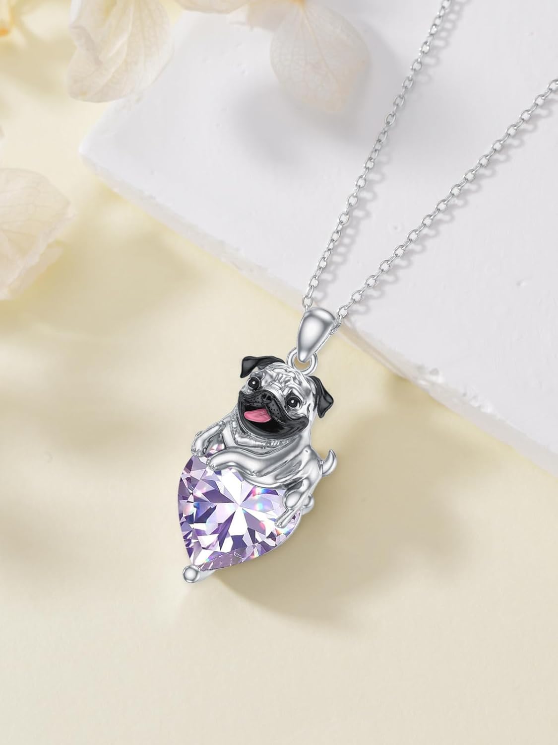 Pug Heart Birthstone Necklace 925 Sterling Silver Pug Dog Pendant Necklace Pug Jewelry Gifts for Women Pug Lover