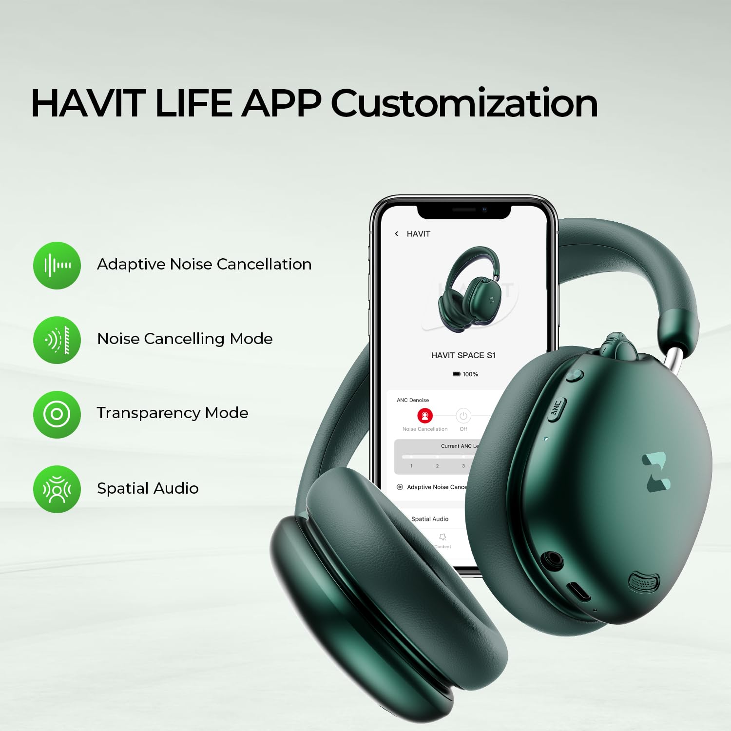 havit H670BT Adaptive Active Noise Cancelling Headphones (Grün)