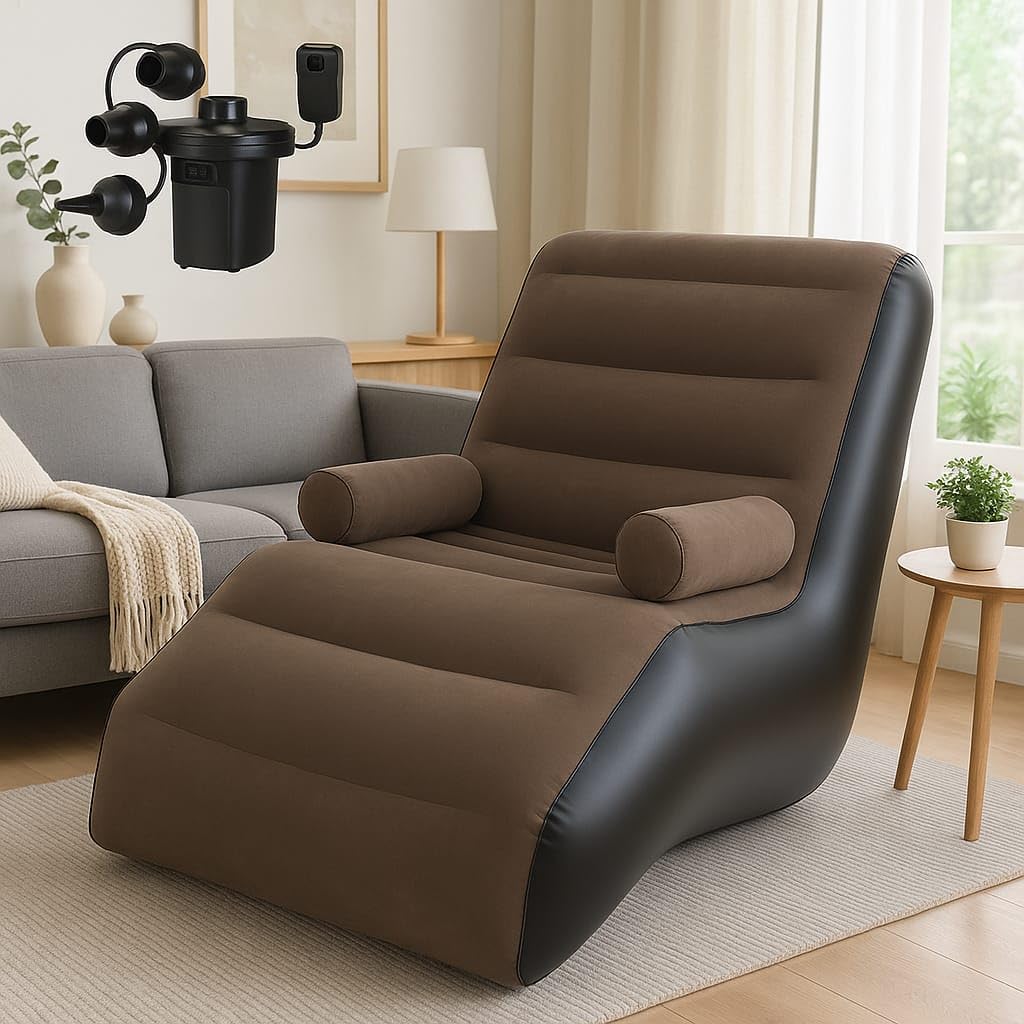 Inflatable Lazy Sofa Chair with Air Pump, Foldable Portable Lounge Chair, Single Seater Sofa Bed for Living Room & Outdoor, Comfortable Air Sofa with Household Pump, Size 140×80×85 cm