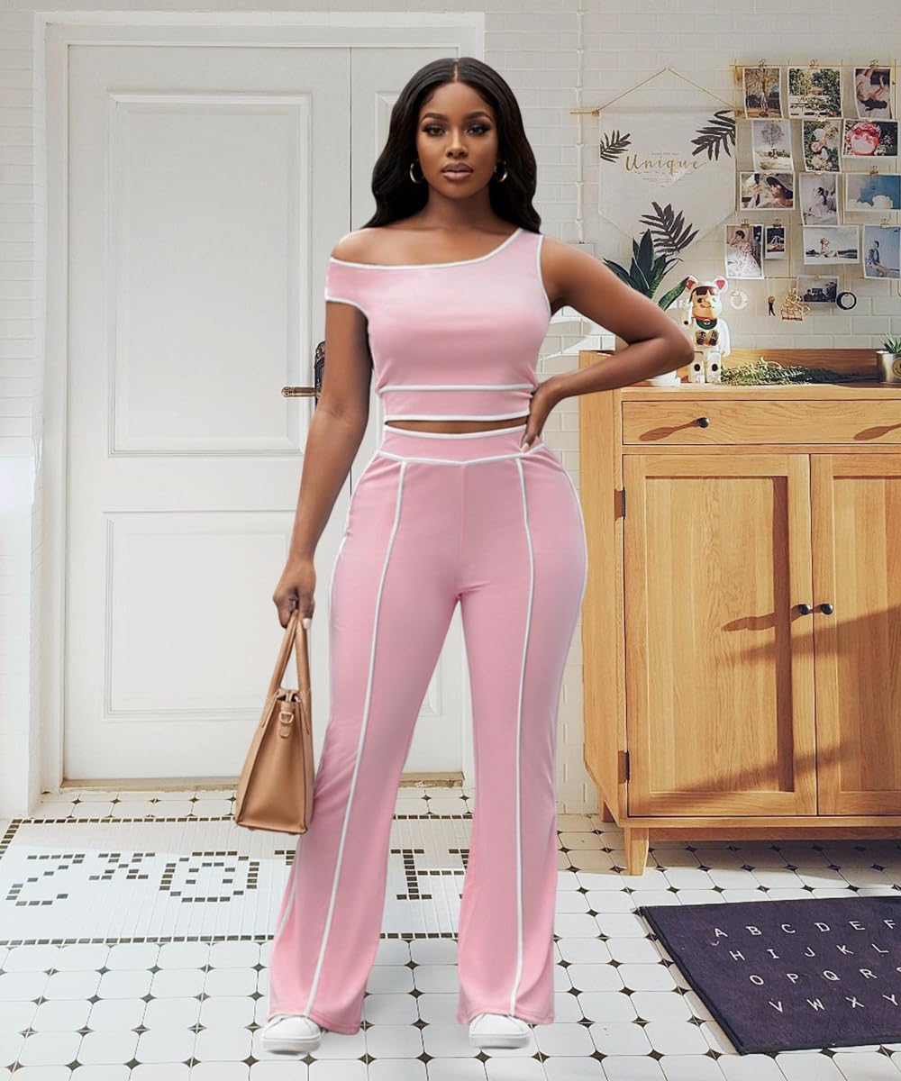 knowfashionstyle Two Piece Sets For Women Going Out Outfits Sexy Casual Sleeveless Crop Tops Off Shoulder Wide Leg Pants Set - Image 2