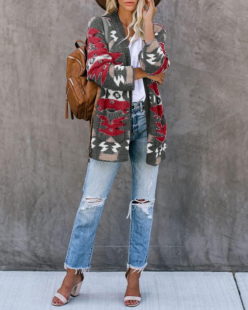 FERBIA Women Boho Cardigan Aztec Open Front Loose Slouchy Sweaters Tribal Long Sleeve Knitted Christmas Jacket Coat - Image 4