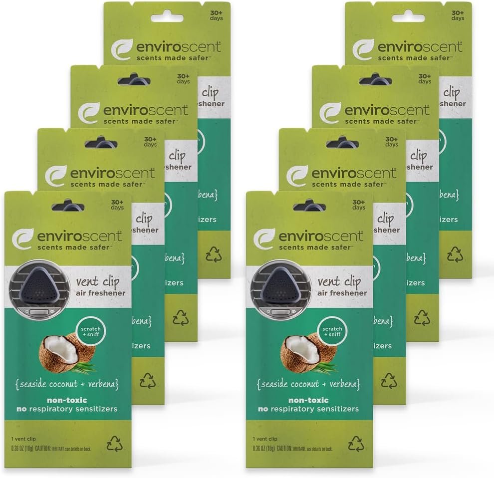 Enviroscent Non-Toxic Car Vent Clip | Single Use Car Air Freshener | Car Scent Lasting Over 30 Days Each, 8 Count (Seaside Coconut & Verbena)