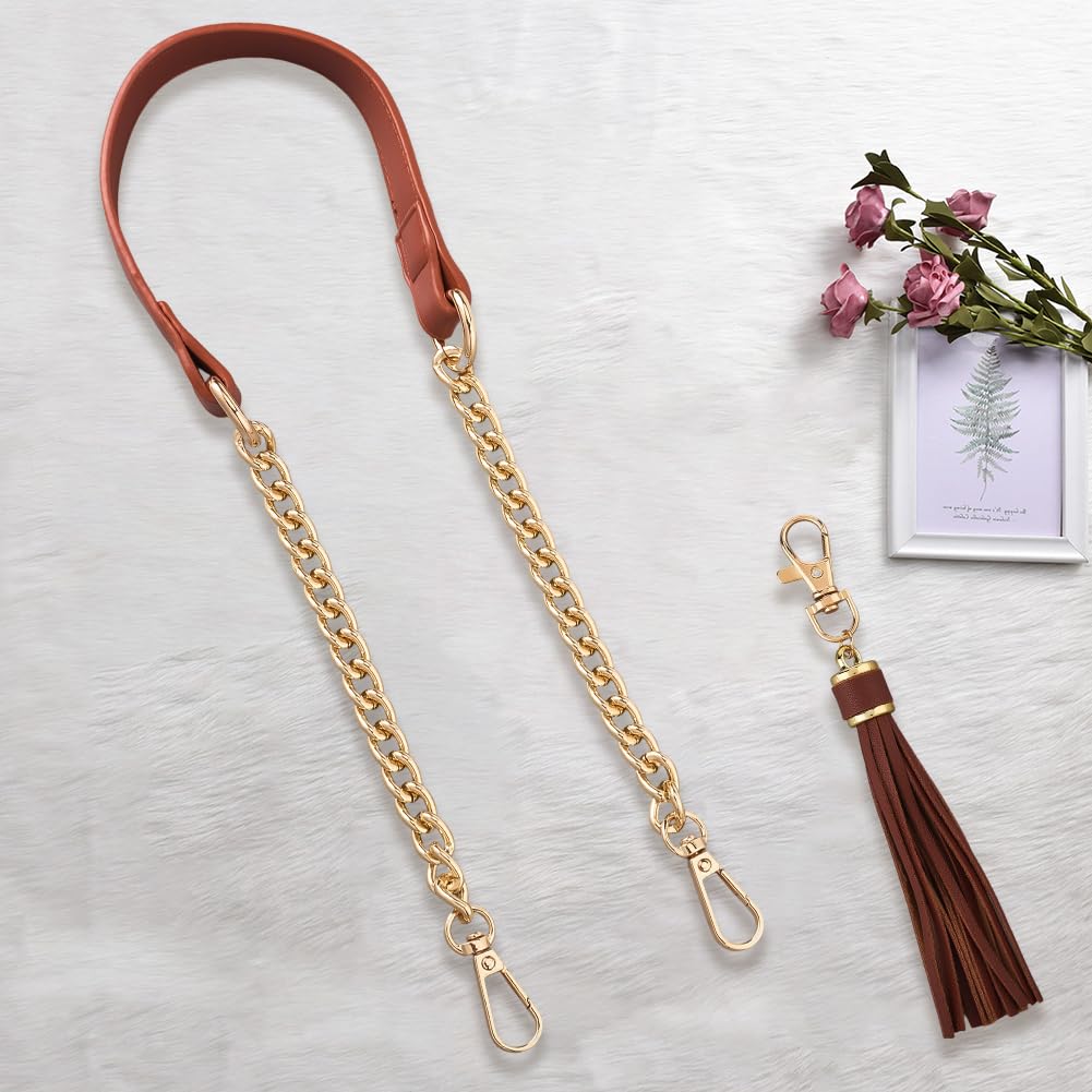 Cadena de Repuesto para Bolso de Microfibra de 60cm con Borla Colgante, Correa de Cadena Plana de Cuero Sintético para Bolso de Mano, Asa para Bolso de Hombro, Bandolera (Marrón Dorado)