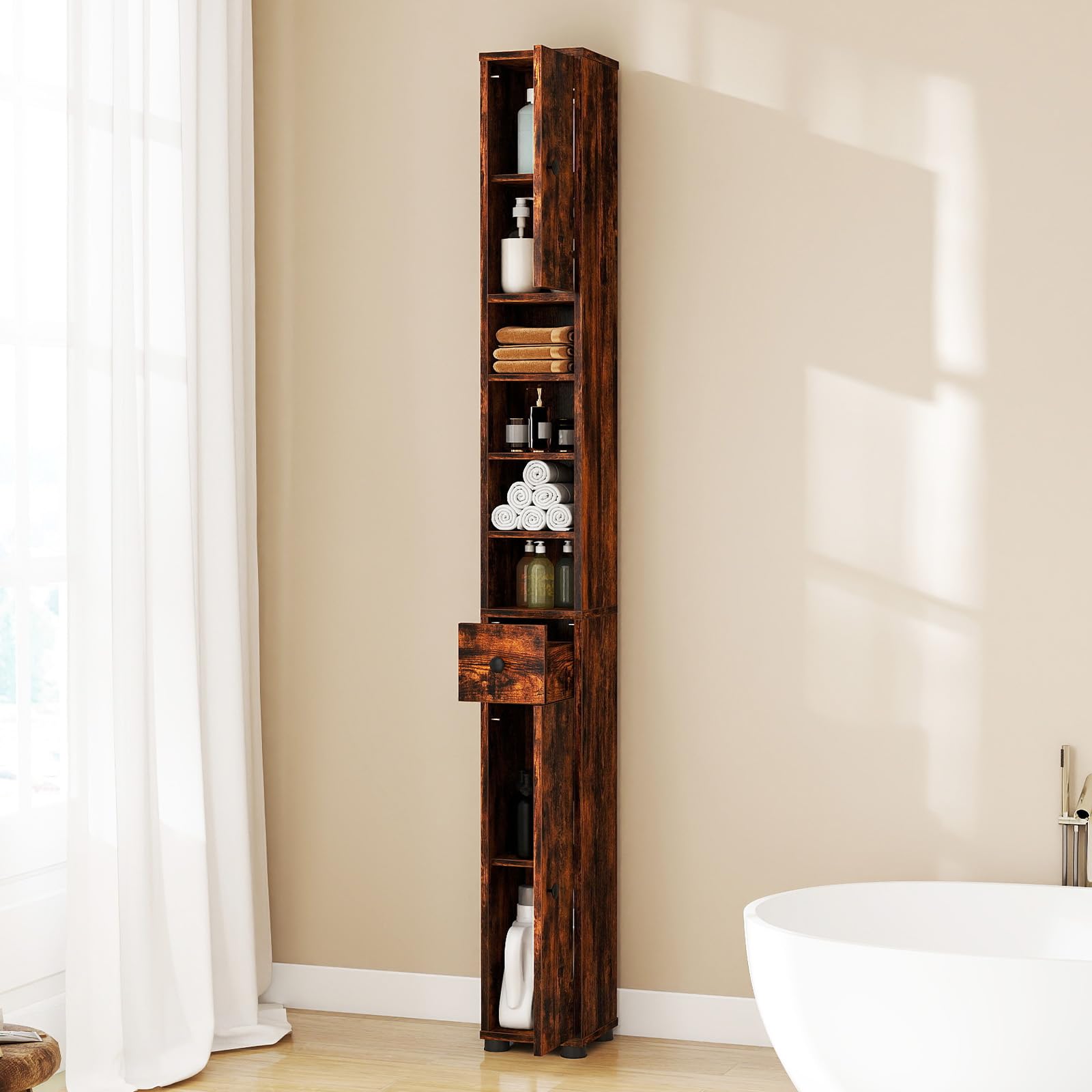 GIANTEX Armario de Baño Alto con Estantes Ajustables (Marrón)