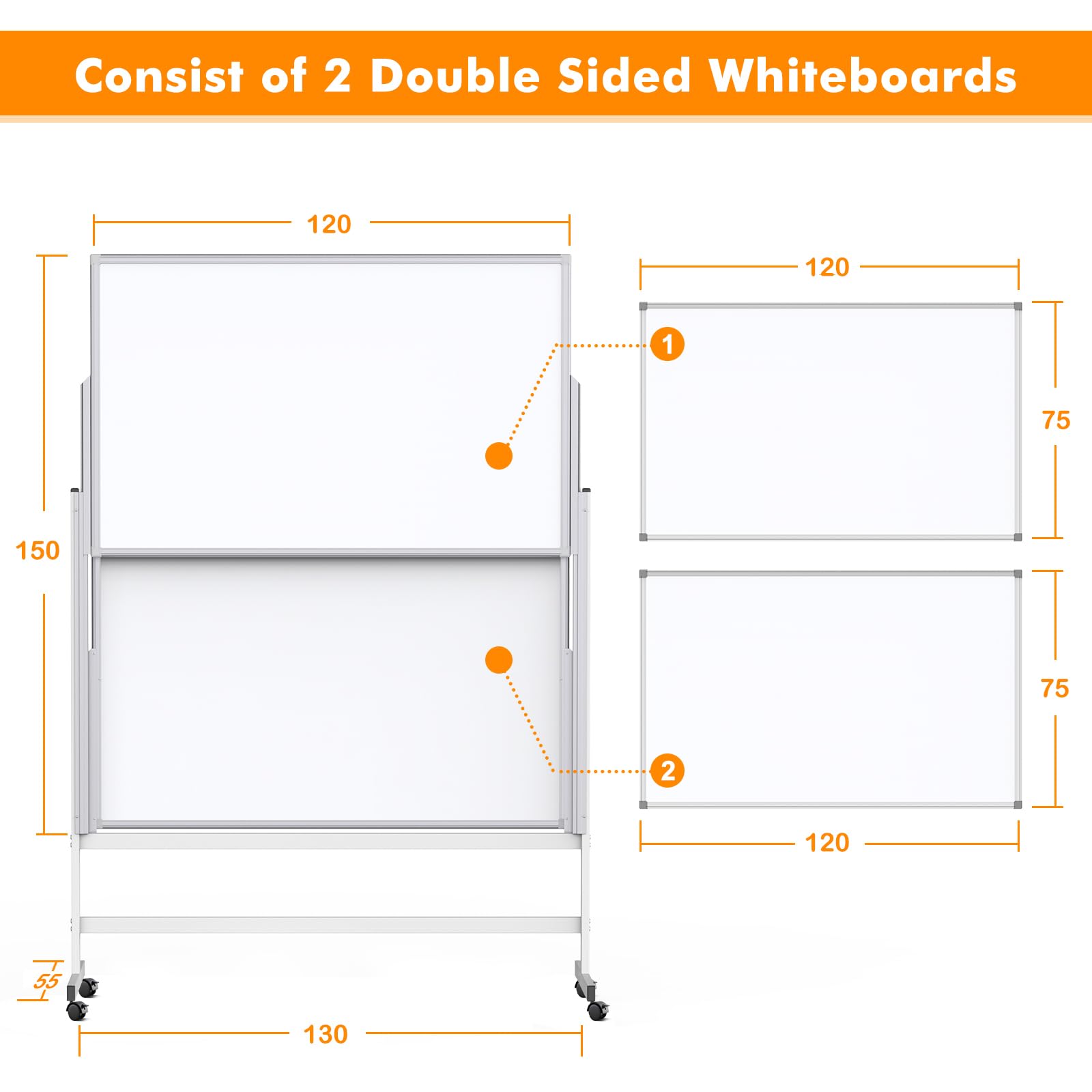 maxtek Grand Tableau Blanc Mobile 150x120 cm, Whiteboard Magnétique Roulettes Réglable en Hauteur, White Board Effacable avec 2 Panneaux Double Face 120x75cm, Whiteboards sur Pied Cadre en Aluminium
