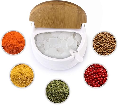 Miniatura 7 de Lucky Godness - Sal de cerámica con tapa y cuchara de bambú, tarro de porcelana de 9.1 onzas líquidas para pimienta con etiqueta de pizarra, para
