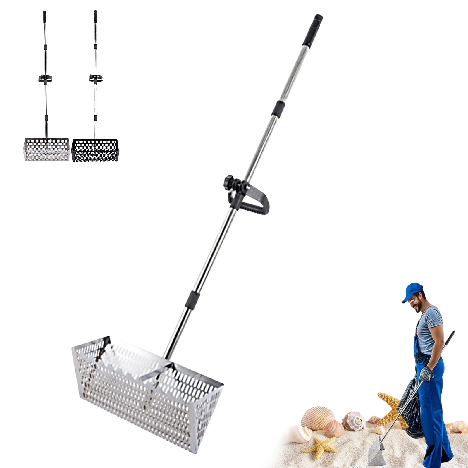 Grand Tamis à Sable de Plage en Acier Inoxydable, Râteau de Puce de Sable, Râteau Tamis de Plage Professionnel Grand tamis à sables acier inoxydable avec poignée 141 cm long et panier 40 x 20 cm