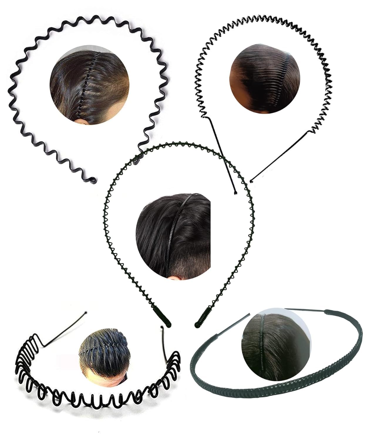 brenzafab 5 Pcs Black Flexible Metal Wavy, Spring Zig Zag, Chain And Simple Hair Band Hair Hoop Hairband Daily Use For Unisex Men Women-picture-11