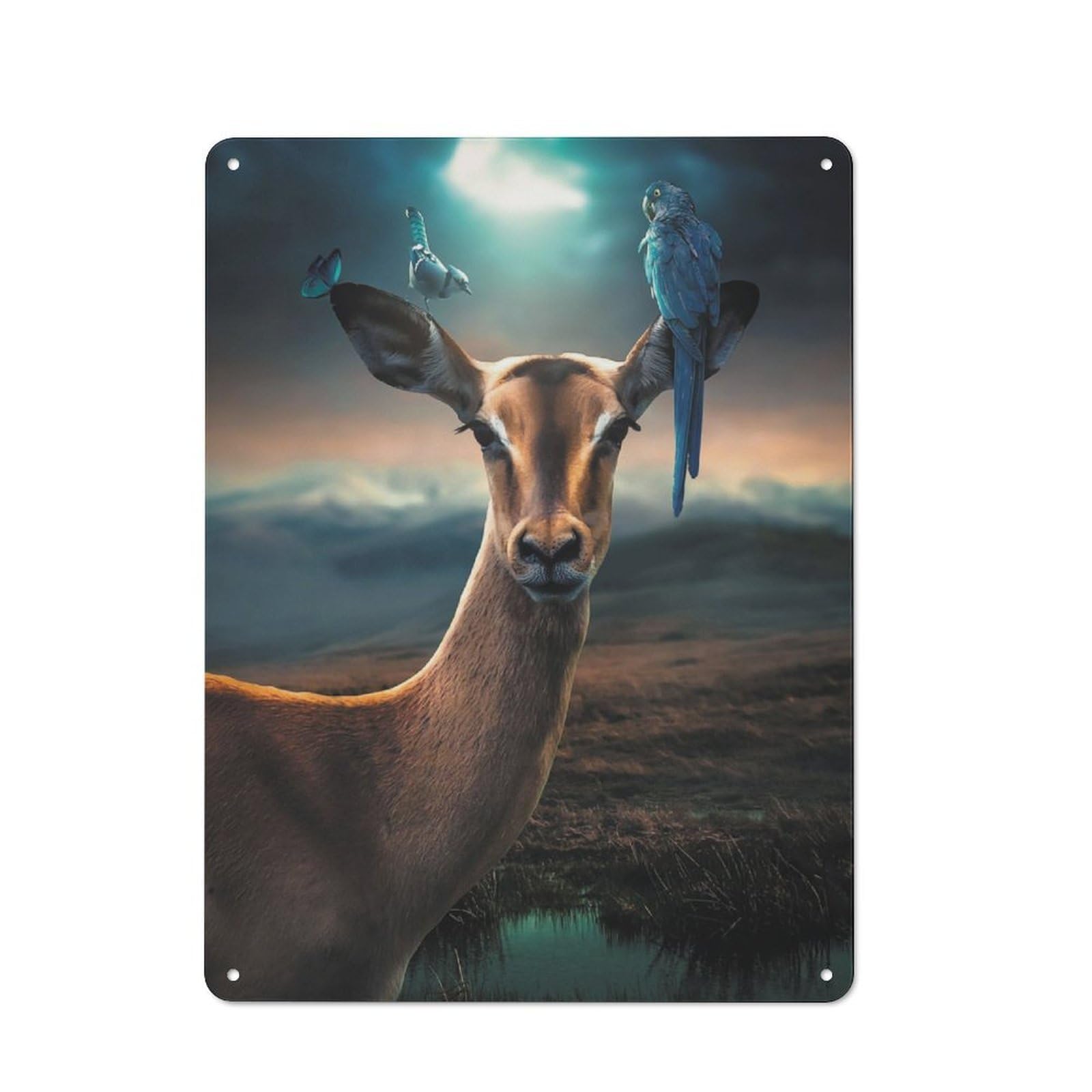 Metal Plaque 40x30cm with The Antelope And Birds for Pub Or Café, Rustic Decor, for Pub Decor Enthusiasts