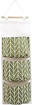 FuninCrea 3 Pockets Cotton Linen Hanging Storage Bag Wall Hanging Storage Bag for Bedroom Office (Green)