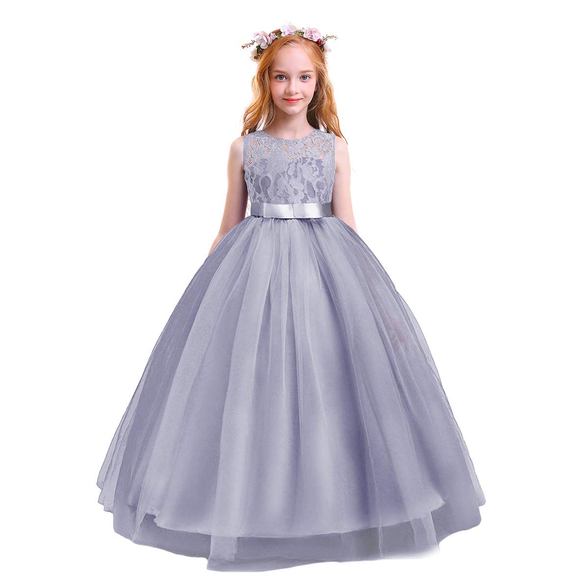 Iwemek Girls Grey Kids Lace Tulle Wedding Bridesmaid Communion Party Bowknot Dress Formal Pageant Birthday Prom Dance Ball Gown Maxi Flower Dress