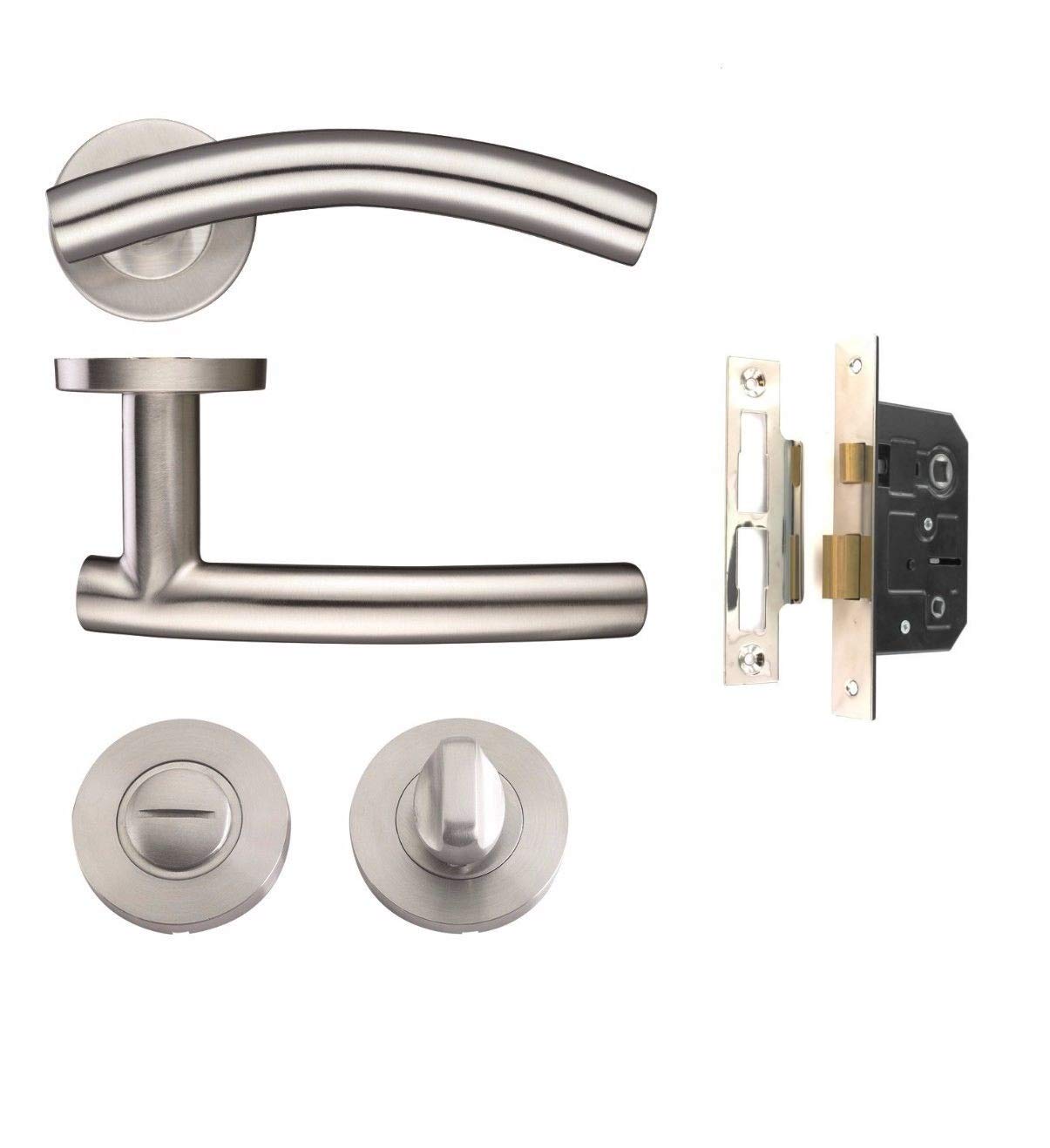 Golden Grace Arched T-Bar Bathroom Door Handle Lever on Round Rose Furniture in Stainless Steel Finish with Screws and Fixings