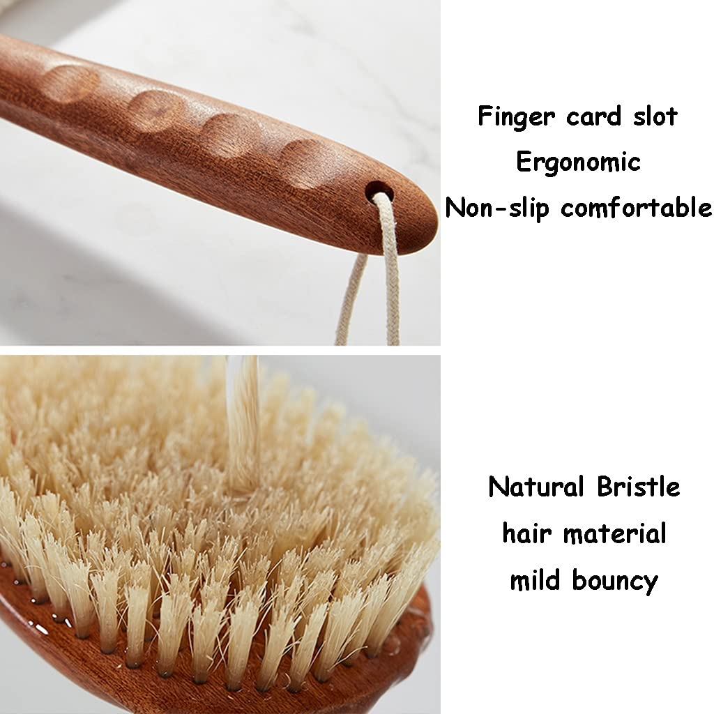 Cepillo para Frotar el Cuerpo Cepillo para Frotar la Parte Posterior Tanto para seco como para húmedo, Cepillo para la Piel con cerdas Naturales, Mango Antideslizante para Ranura para tarje