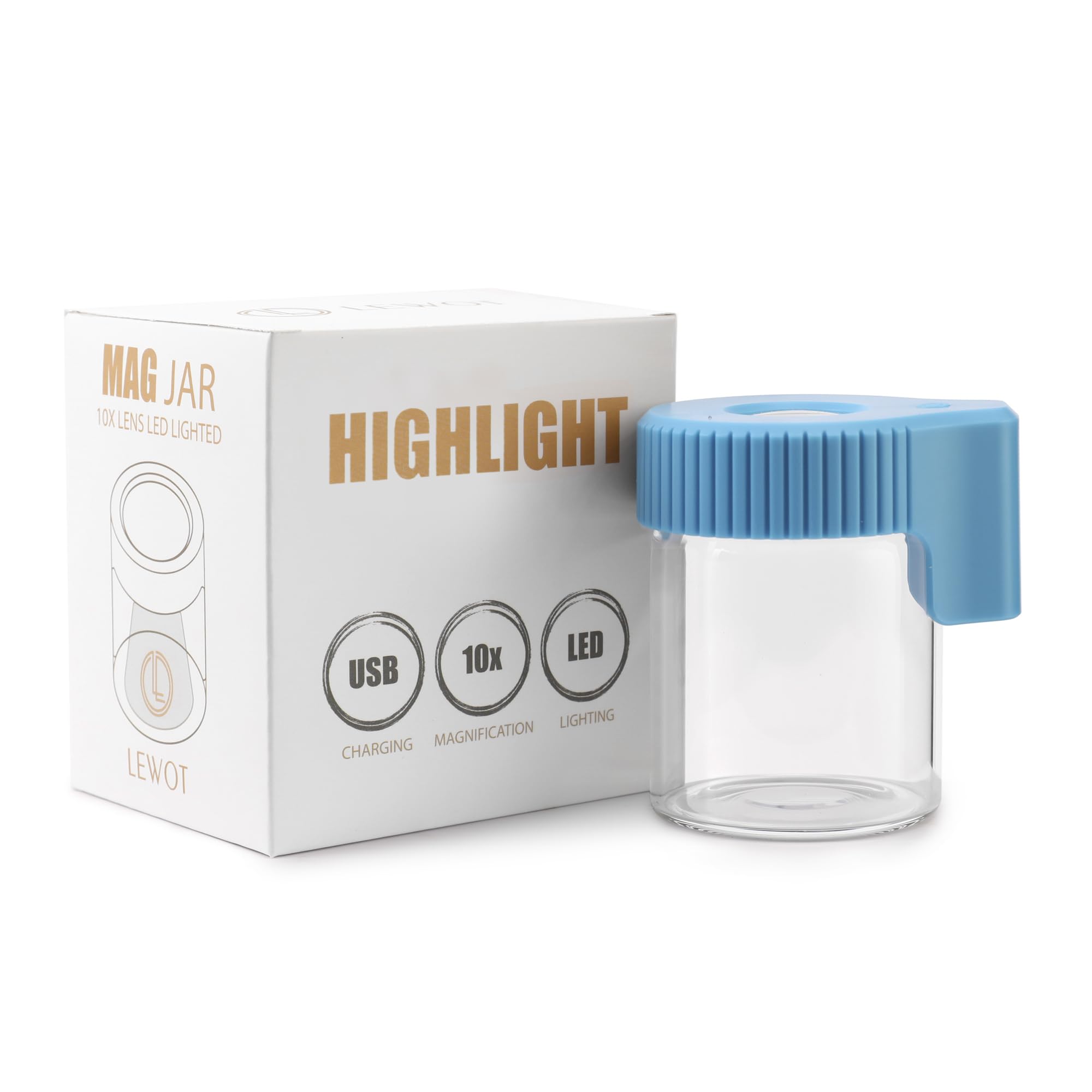LEWOT Magnifying Viewing Jar with LED Light, Airtight Transparent Glass Storage Jars, Rechargeable LED Lit Lid Container (Blue)