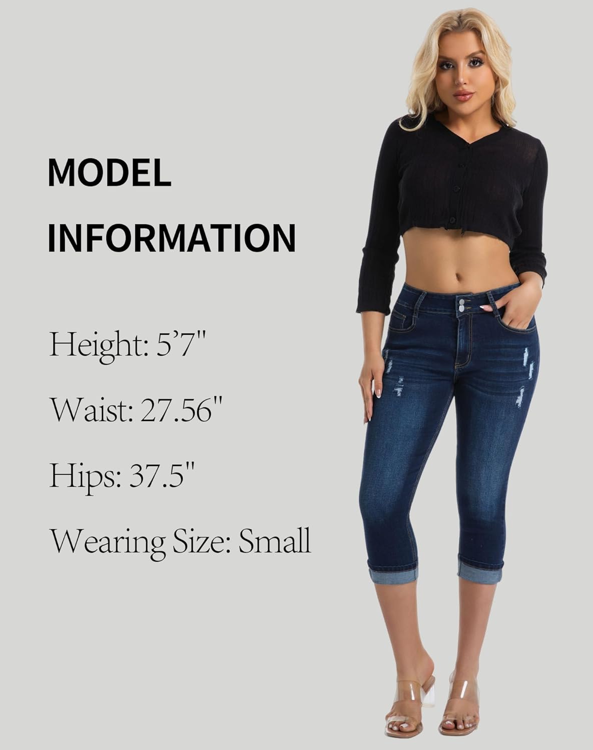 Women's Capri Pants Skinny Stretchy Ripped High Waisted Cuffed Denim Jeans - Image 5