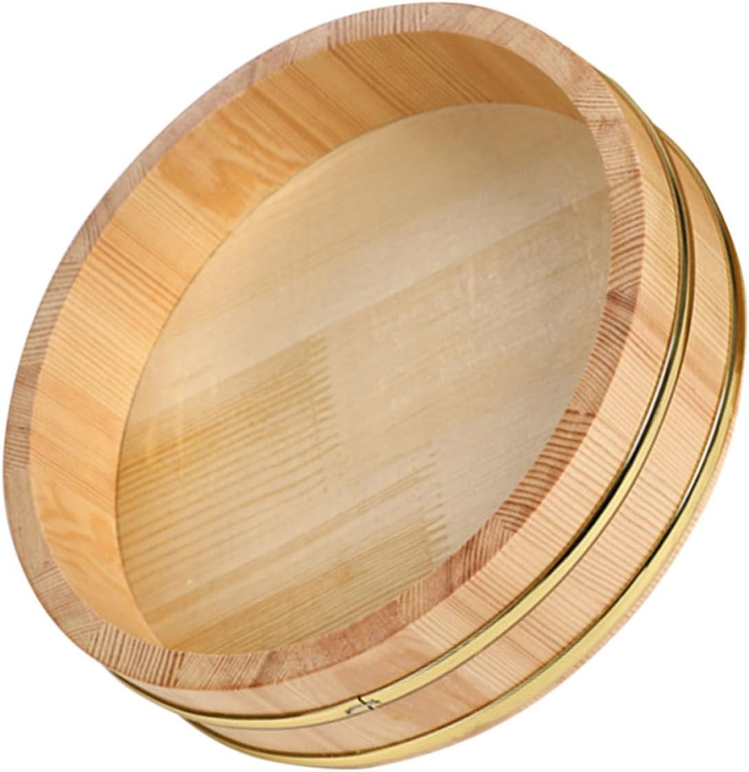 Zerodeko Japanese Large Capacity Wooden with Gold Rim Sushi Mixing Tub Rice | Khaki Finish, One-piece Wood Construction, for Family Gatherings and Home Entertaining