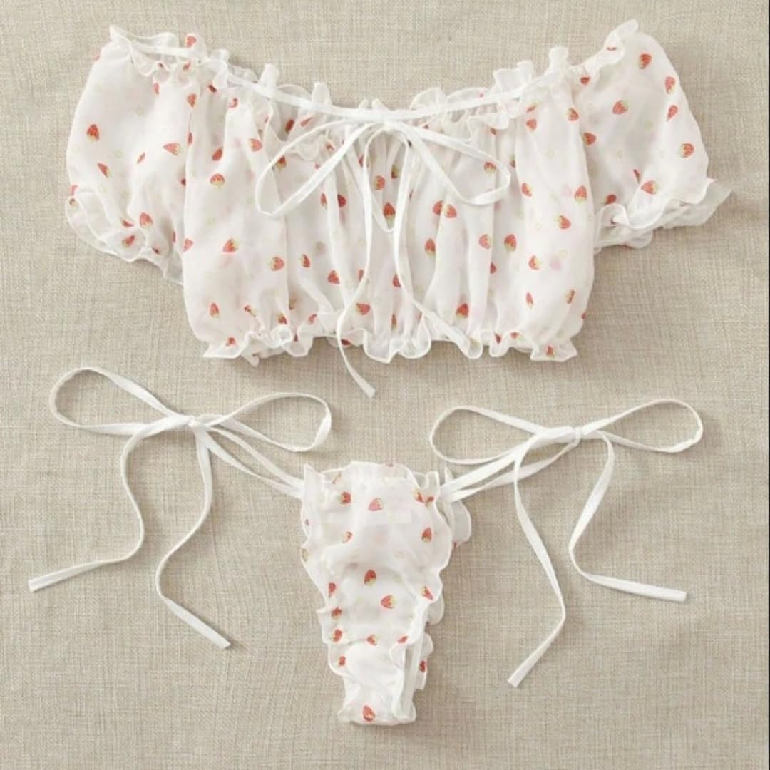 Sexy outfit Damskie seksowne biustonosze i majtki w kropki komplety bielizny Babydoll Strappy przezroczyste wykończone frędzlami bielizna z uroczą kokardką G String