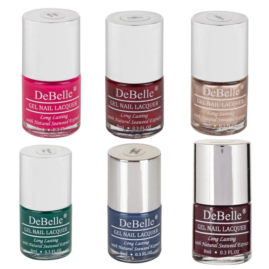 DeBelle Gel Nail Polish Combo Set Of 6 Tulip Sheen (Dark Pink), Antares (Deep Maroon Pearl ), Pandora (Blush Rose Gold Glitter), Hyacinth Folio (Bottle Green), Bleu Allure (Navy Blue), Glamorous Garnet (Dark Maroon) 48 ml (8 ml Each)-image-44